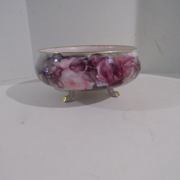 Vintage Limoges France 3 Footed Bowl Dish Pink Purple Roses - Picture 14 of 14